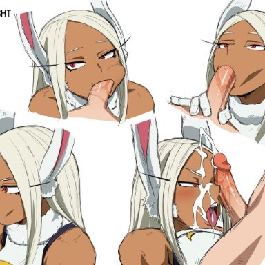 1boy, 1girls, blush, clothed, cum, cum in mouth, cum on face, dark skin, dark-skinned male, fellatio, interracial, long hair, miruko, my hero academia, nude