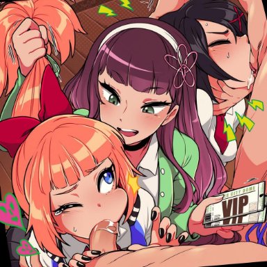 2boys, 3girls, all fours, alternate costume, artist name, bangs, black hair, black nails, blue eyes, blunt bangs, breasts, closed eyes, clothes, ear piercing, earrings