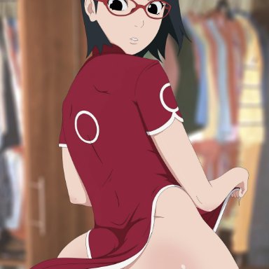 1girls, accidental exposure, alternate costume, anus, ass, back view, black eyes, black hair, boruto: naruto next generations, bottomless, detailed background, dress, dress lift, eyewear, female