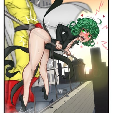 ahgot, angry, arm support, big ass, black dress, city, clothed sex, doggy style, from behind, green eyes, green hair, heart, hips, legs, one-punch man