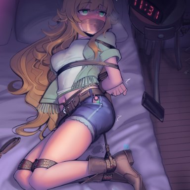 arms behind back, blonde hair, blush, bondage, bound, cad, clock, clothed, femsub, forced orgasm, gag, gagged, idolmaster, medium breasts, miki hoshii