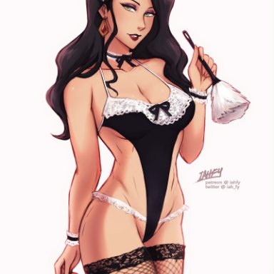 1girls, asami sato, avatar the last airbender, bedroom eyes, big breasts, black hair, breasts, choker, cleavage, cuffs, feather duster, female, female only, fishnet stockings, green eyes