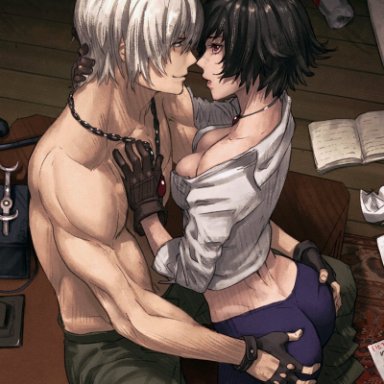 1boy, ass grab, ass grab from front, bike shorts, black hair, boots, breasts, carpet, chair, cleavage, dante, devil may cry, devil may cry 3, eye contact, female