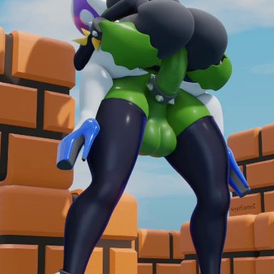 3d, animated, blender, futa on female, futanari, heels, huge ass, huge breasts, huge cock, mario (series), masked, piranha plant, shy gal, standing sex, stockings