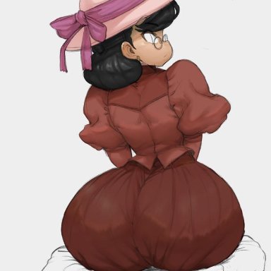 big ass, big butt, black hair, curvy, dress, glasses, hat, huge ass, huge butt, looking at viewer, looking back, monkeywithaafro, original, sitting, thick