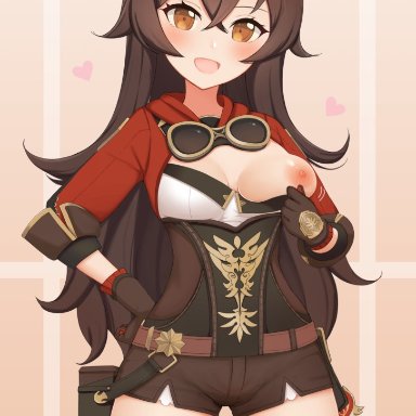 amber (genshin impact), blush, breasts, brown eyes, brown hair, flashing, genshin impact, gloves, hair ribbon, long hair, nipples, one breast out, smile, steampunk