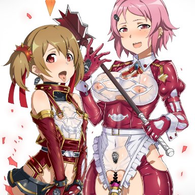 alternate costume, bondage, breasts, corruption, evil smile, female, femsub, latex, lisbeth, mind break, mind control, multiple girls, multiple subs, silica, sword art online