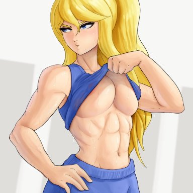 1girl, 1girls, abs, areola slip, areolae, areolae slip, artist name, big breasts, blonde hair, blue eyes, breasts, female, female only, female protagonist, female solo