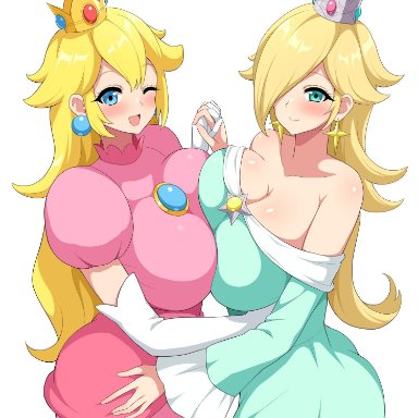 2girls, ass, blonde hair, blush, breast to breast, dress, earrings, elbow gloves, eye contact, female, female only, gloves, haikome, hand holding, hugging