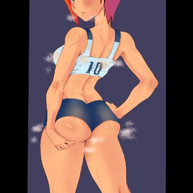 ass, ass grab, ben 10, blush, cafin, clothed, grabbing own ass, green eyes, gwen tennyson, looking back, orange hair, short hair, shorts, sportswear, sweat