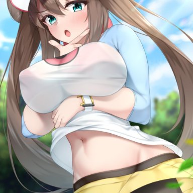 1girls, big breasts, blue eyes, blush, brown hair, cap, double bun, eye contact, hat, large breasts, lomocya, long hair, looking at viewer, nintendo, nipple bulge