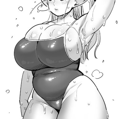 blonde hair, cleavage, curvy, elf, elf ears, elf-san wa yaserarenai, erufuda-san, female, huge breasts, monochrome, official art, short hair, sweat, sweatdrop, synecdoche