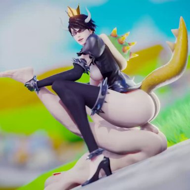 1boy, 1girls, 3d, amazon position, animated, ass, bayonetta, bayonetta (character), big ass, blender, bowsette, cosplay, erection, female, female on top