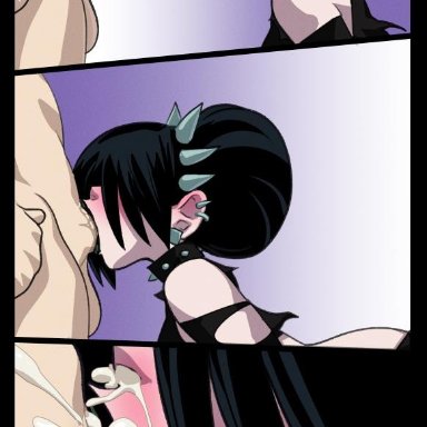 1boy, 1girls, 3koma, alternate costume, alternate hairstyle, avatar the last airbender, big penis, black lipstick, blowjob, blush, bwc, chickpea (artist), choker, close-up, clothed female nude male