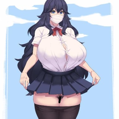 big breasts, clothed female, female, female focus, female only, hex maniac, long hair, metal owl, nintendo, nipples, nipples visible through clothing, pokemon, pokemon xy, skirt, solo