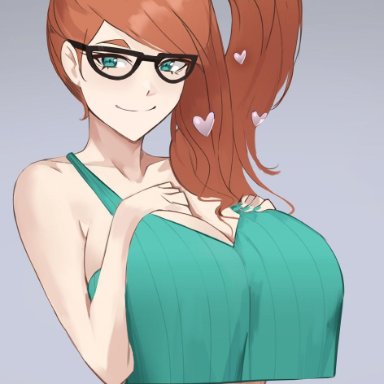 1girls, aqua eyes, big breasts, eye contact, female, glasses, huge breasts, kisou, large breasts, long hair, looking at viewer, nintendo, orange hair, pokemon, pokemon ss