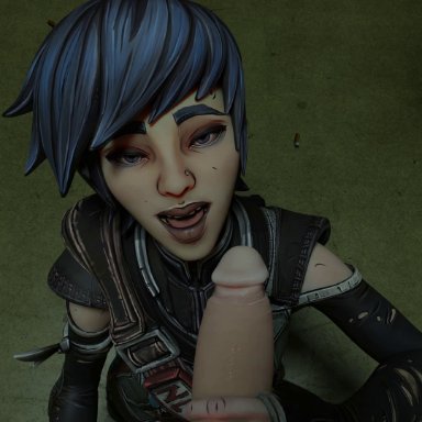 1boy, 1girl, 1girls, 3d, animated, ava (borderlands), blue eyes, blue hair, borderlands, borderlands 3, eye contact, fellatio, female, gloves, handjob