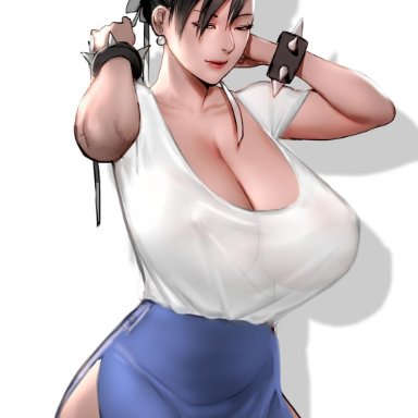 1girls, asian female, black hair, capcom, chun-li, cleavage, female, huge breasts, milf, scarlett ann, slit skirt, smile, spiked bracelet, street fighter