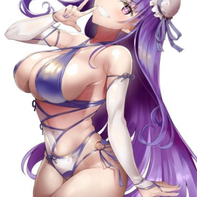 alternate costume, bb (fate), big breasts, fate (series), fate/extra ccc, fate/grand order, hair ornament, huge breasts, long hair, looking at viewer, miyamoto musashi (swimsuit berserker) (fate), peace sign, purple hair, swimsuit, thick thighs