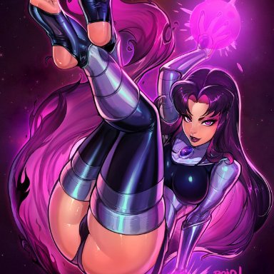 artist name, ass, blackfire, dc, feet, legs, legs up, long hair, looking at viewer, purple eyes, purple hair, reiq, shiny, shiny skin, solo