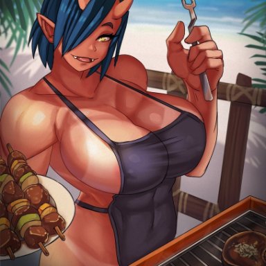 barbecue, beach, blue hair, cleavage, curvy, elf-san wa yaserarenai, ezzyecchi, female, horns, huge breasts, looking at viewer, monster girl, muscular female, naked apron, oga-san