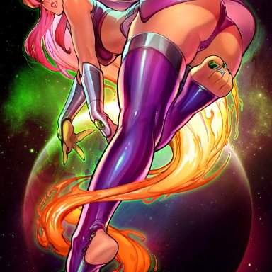 artist name, dc, earth, feet, green eyes, long hair, looking at viewer, orange hair, reiq, solo, starfire, stirrup legwear, teen titans, toeless legwear