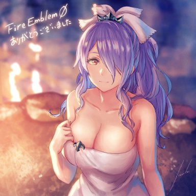 anbe yoshirou, blush, breasts, camilla (fire emblem), cleavage, female, fire emblem, fire emblem cipher, fire emblem fates, fire emblem heroes, hair over one eye, hair ribbon, hand up, highres, large breasts