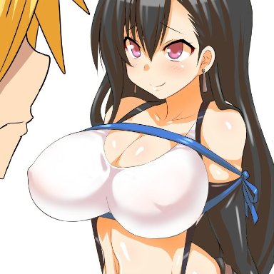 1boy, 1girls, 2015, arms behind back, bare shoulders, big eyes, black hair, blonde hair, blush, bondage, bound, bound torso, breasts, cleavage, clothed