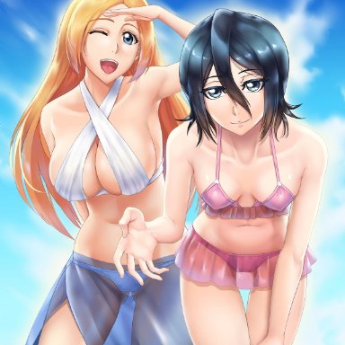 2girls, big breasts, bikini, black hair, bleach, blue eyes, breasts, dress, female, female only, inoue orihime, kuchiki rukia, long hair, looking at viewer, midriff