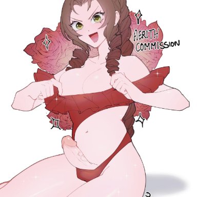 1futa, aerith gainsborough, balls in panties, big breasts, bikini, brown hair, erection, final fantasy, final fantasy vii, futa only, futanari, hair ornament, human, long hair, looking at viewer