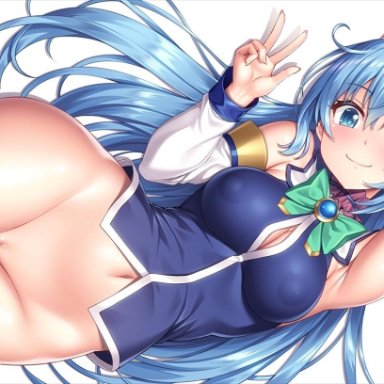 aqua (konosuba), aqua eyes, aqua hair, bow, breasts, cleavage, erect nipples, kono subarashii sekai ni shukufuku wo!, lambda, long hair, navel, nopan, ponytail, pussy, thighhighs