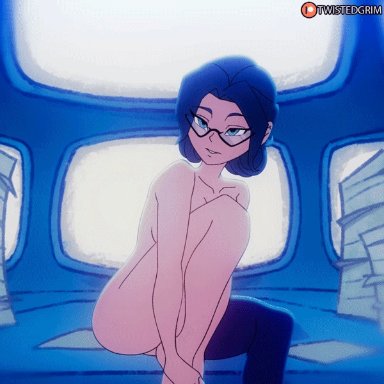 1girls, animated, anus, areolae, ass, black hair, blue eyes, breasts, cameltoe, female, female only, glasses, looking at viewer, miss pauling, monitor