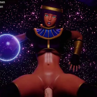 1boy, 1girls, 3d, animated, black hair, bottomless, bouquetman, bwc, capcom, dark skin, dark-skinned female, egyptian, leg grab, male pov, menat