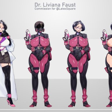 1futa, 1girls, areolae, big breasts, big penis, black hair, bodysuit, character sheet, clothed, clothing, english text, erection, female, full body, fully clothed