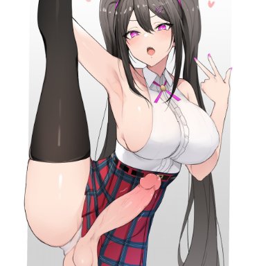 1futa, armpits, big breasts, big penis, clothed, clothing, dark hair, edit, erection, flexible, futanari, huge cock, leg lift, leg up, looking at viewer