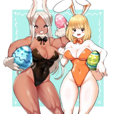2girls, anthro, bangs, bare shoulders, big breasts, blonde hair, blue background, blush, bow, bowtie, breasts, brown eyes, bunny ears, bunny girl, bunny tail