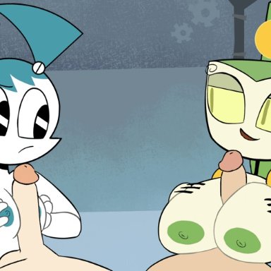 2girls, animated, big breasts, blowing kiss, capy diem, competition, group sex, huge breasts, jenny wakeman, my life as a teenage robot, nickelodeon, paizuri, robot, robot girl, small breasts