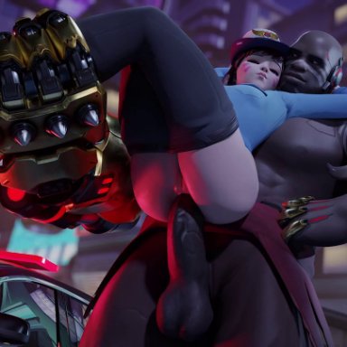 1boy, 1girls, 3d, alternate costume, anal, animated, anus, big penis, blender, clothed, clothes, clothing, d.va, dark skin, dark-skinned male