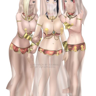 3girls, barefoot, belly dancer, big breasts, blonde hair, breasts, concubine, costume, euphoriadoll, feet, female, female only, hair over one eye, harem, harem outfit