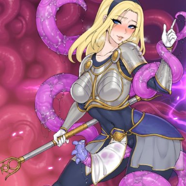armor, artist request, blonde hair, blue eyes, bondage, breasts, female, headband, league of legends, luxanna crownguard, staff, tagme, tentacle