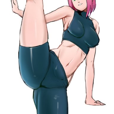 armpits, bike shorts, boruto: naruto next generations, green eyes, medium breasts, milf, naruto, navel, one leg up, pink hair, sakura haruno, smile, sports bra, zeros