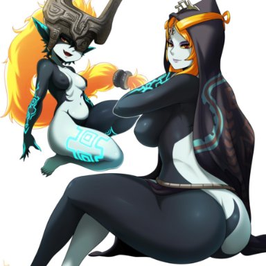 2girls, ass, big ass, big breasts, breasts, female, female only, jmg, large breasts, looking at viewer, looking back, midna, nintendo, nipple bulge, the legend of zelda