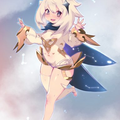 absurdres, arrow (symbol), barefoot, blue cape, blue eyes, blush, cape, constellation, covered navel, covered nipples, female, fingernails, genshin impact, glowing, hair between eyes