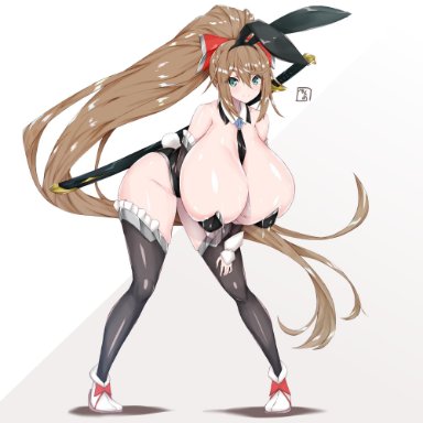 1:1, 1girls, 2020, absurd res, ahoge, bare shoulders, bea (adfhbcf4326), bow, breast grab, breasts, brown hair, bunny ears, bunny girl, bunny tail, bunnysuit