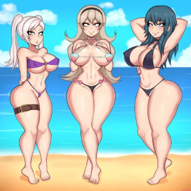 3girls, barefoot, big breasts, bikini, breasts, byleth (female), byleth (fire emblem), corrin (fire emblem), corrin (fire emblem) (female), drunkavocado, feet, female, female only, fire emblem, fire emblem fates