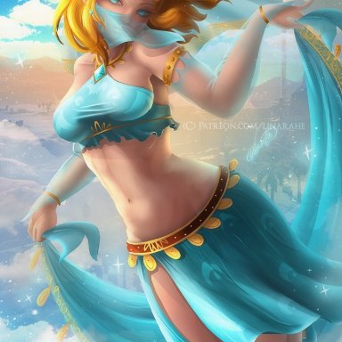 1girls, belly, belly dancer, belly dancer outfit, blonde hair, blue eyes, breath of the wild, circlet, dancer, dancer outfit, dancing, detached sleeves, female, gerudo outfit, gerudo top