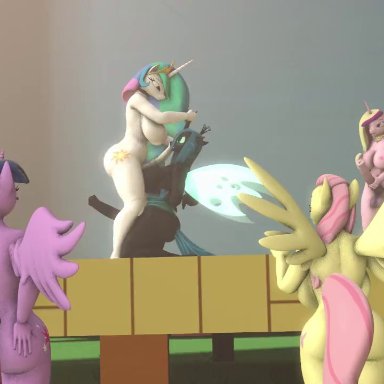 1min video, 3d, alicorn, anthro, areola, big breasts, breasts, changeling (species), cutie mark, dickgirl, dickgirl/dickgirl, evil celestia (idw), fluttershy (mlp), friendship is magic, full video