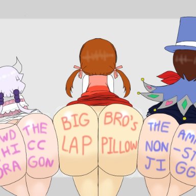 3girls, aged up, ass jiggle, ass tattoo, ass to ass, asses touching, atlus, back view, big ass, bubble butt, capcom, clothed, clothing, crossover, dat ass