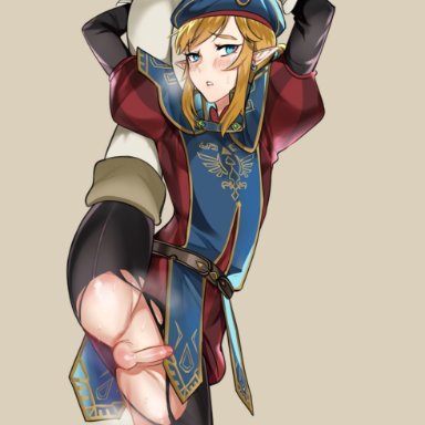 blonde hair, blue eyes, blush, breath of the wild, femboy, girly, leg held up, lifting leg, link, looking away, looking to the side, male, male only, penis out, small penis