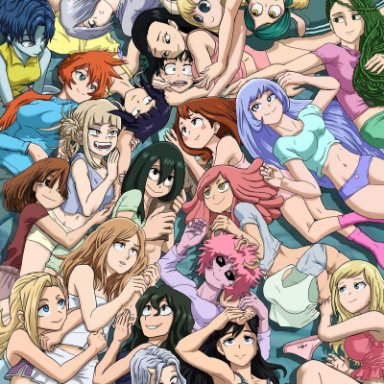 1boy, 22girls, black eyes, black hair, black sclera, blonde hair, blue eyes, blue hair, bow, bow panties, brown eyes, brown hair, bubble girl, camie utsushimi, clothed